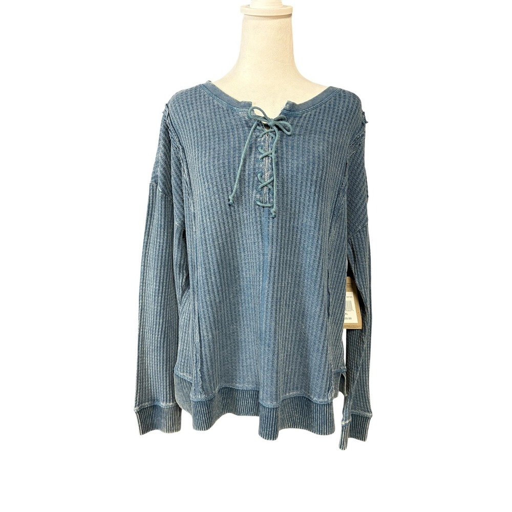 Frye & Co Shirt Womens XL Blue Waffle Knit Lace Up Vintage Garment Dyed‎ Top